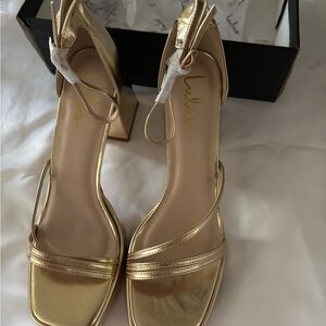 Lulu's Metallic Gold Block Heel Ankle-Strap Sandals